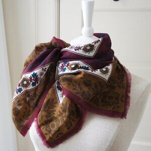 Adrienne Vittadini Vintage Silk Burgundy Navy & Gold Floral Bandana Square Scarf